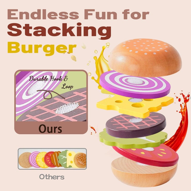 Smartwo Children's Kitchen Accessories Wood, Play Kitchen Hamburger Wooden Toy, Kitchen Accessories Food Toy Fast Food Set, Kitchen Toy Food for Role Play, Gift from 3 Years - Image 2