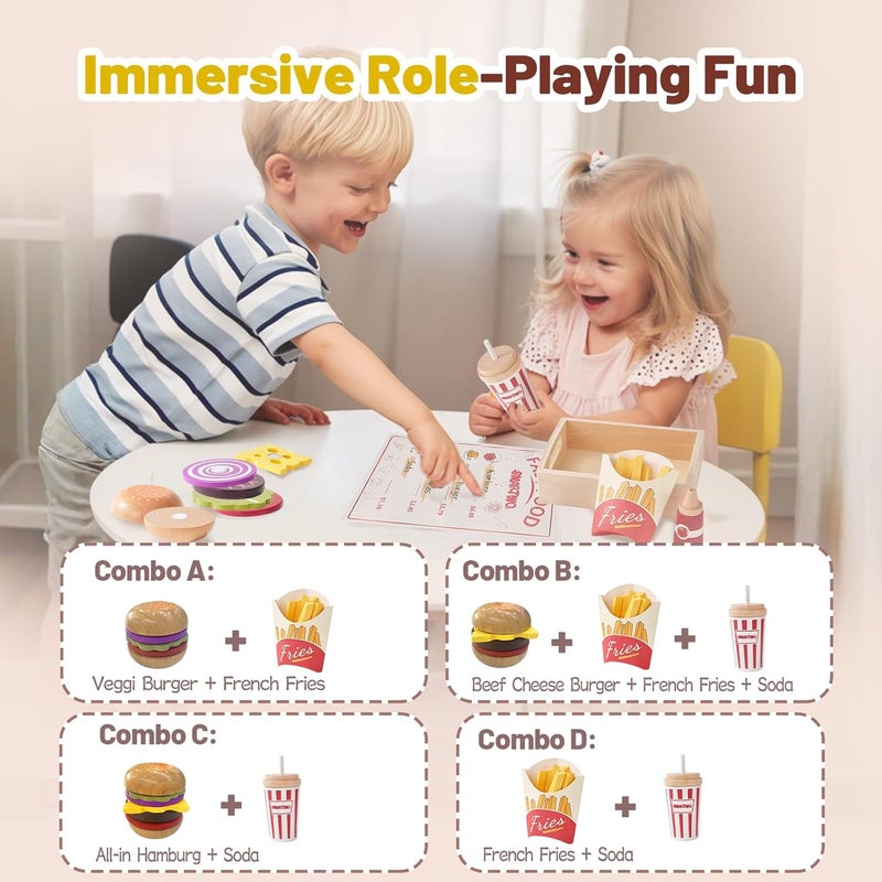 Smartwo Children's Kitchen Accessories Wood, Play Kitchen Hamburger Wooden Toy, Kitchen Accessories Food Toy Fast Food Set, Kitchen Toy Food for Role Play, Gift from 3 Years - Image 5