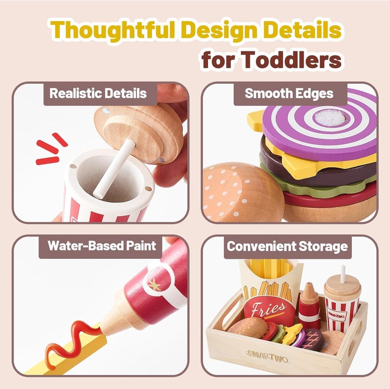 Smartwo Children's Kitchen Accessories Wood, Play Kitchen Hamburger Wooden Toy, Kitchen Accessories Food Toy Fast Food Set, Kitchen Toy Food for Role Play, Gift from 3 Years - Image 4