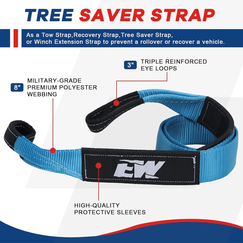 ELITEWILL مجموعة معدات استرداد الطرق الوعرة ELITEWILL - حزام سحب شجرة 3" × 8'، حلقات D، بكرة 10 طن وحقيبة تخزين - Image 4