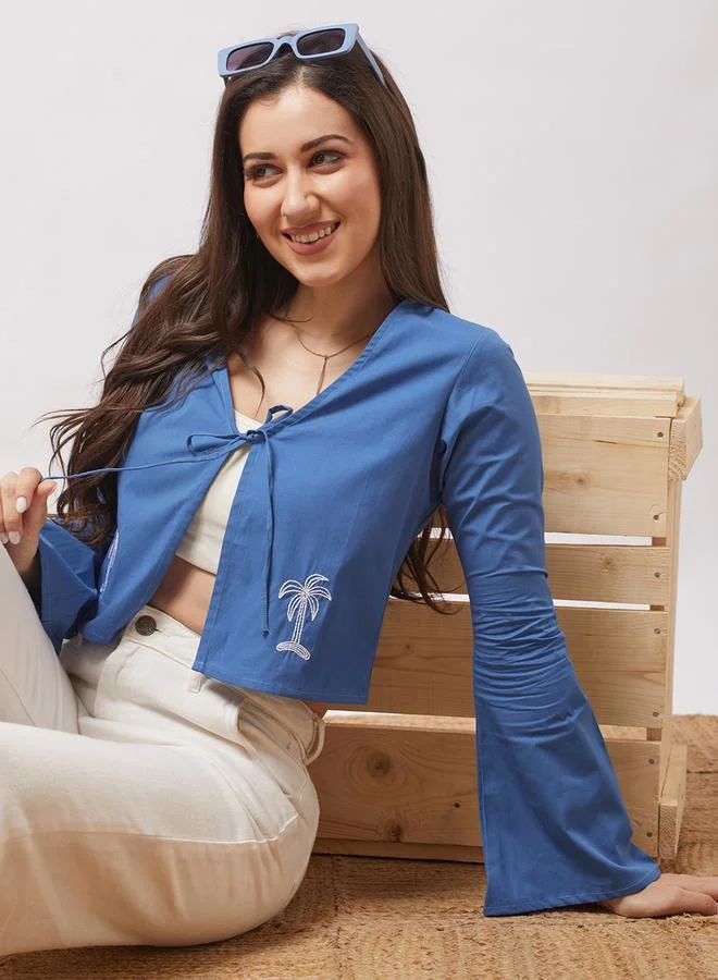 globus Women Blue Tie-Up Neck Embroidered Detail Crop Top