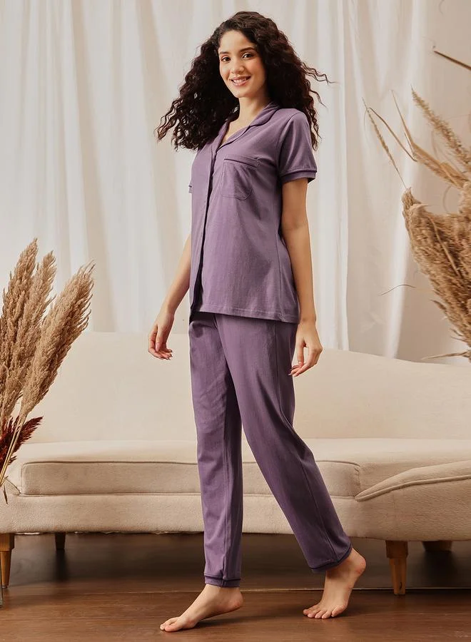 Clovia Purple Solid Cotton Shirt and Pyjama Set