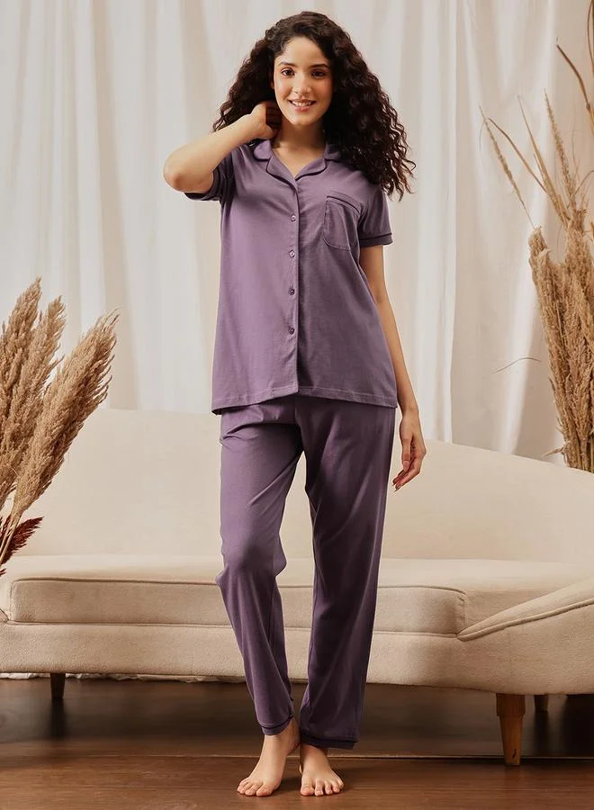 Clovia Purple Solid Cotton Shirt and Pyjama Set