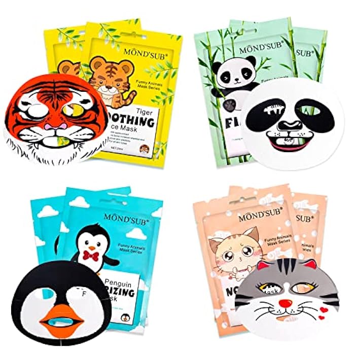 Mond'sub Animal Spa Mask, Character Masks Sheet- Penguin, Panda, Tiger, Cat -Nourishing Moisturizing Effects For All Skin Types- Birthday Party Gift for her, Girls Night, Spa Night, Beauty Gift (8pack) - Image 1
