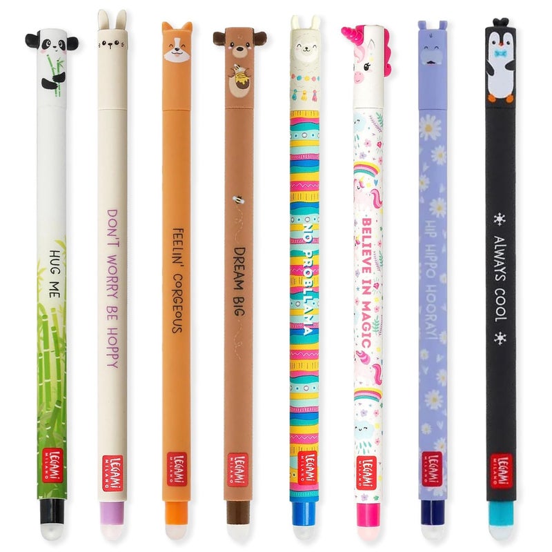 LEGAMI Set of 8 Erasable Gel Pens with Thermosensitive Erase Ink Range of ink colours barrel designs 07mm Tip Panda Bunny Corgi Teddy Llama Unicorn Hippo Penguin Designs - Image 2