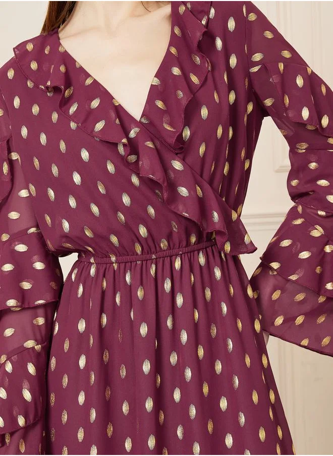 Styli Foil Print Ruffle Detail Layer Sleeves A-Line Maxi Dress