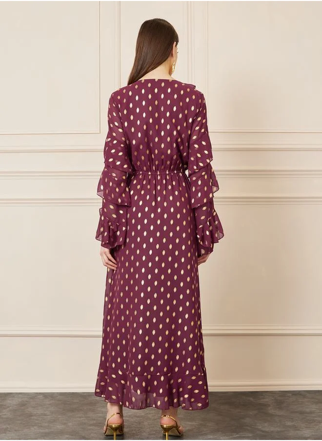 Styli Foil Print Ruffle Detail Layer Sleeves A-Line Maxi Dress