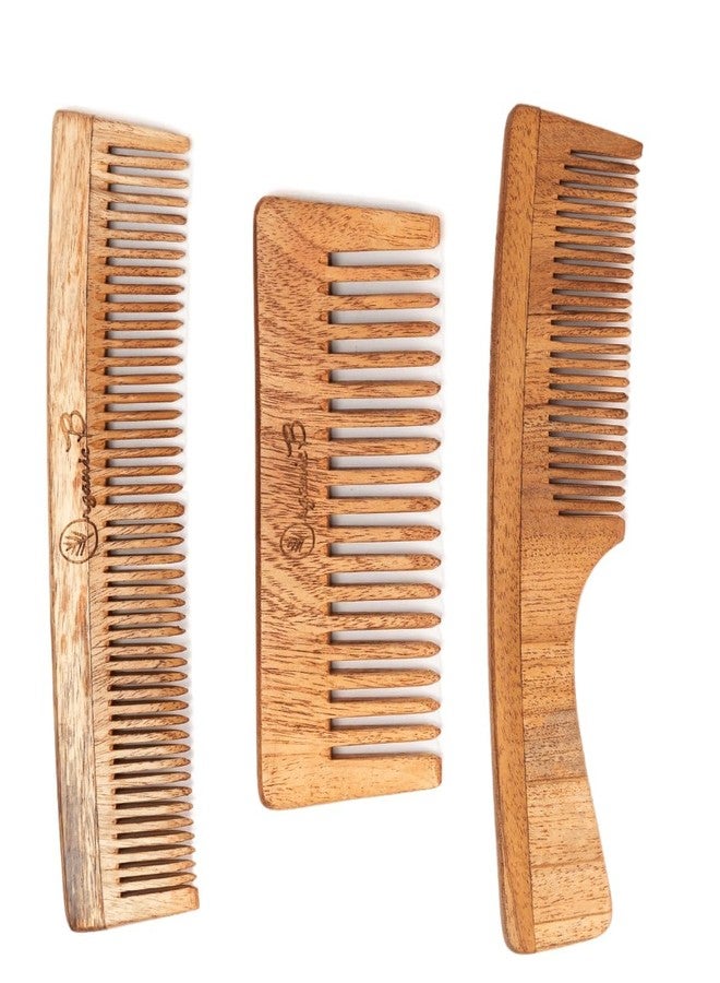 Organic B Neem Comb Set |3 Pcs |Dual + Handle + Wide Teeth| Rosemary Infused - Image 1