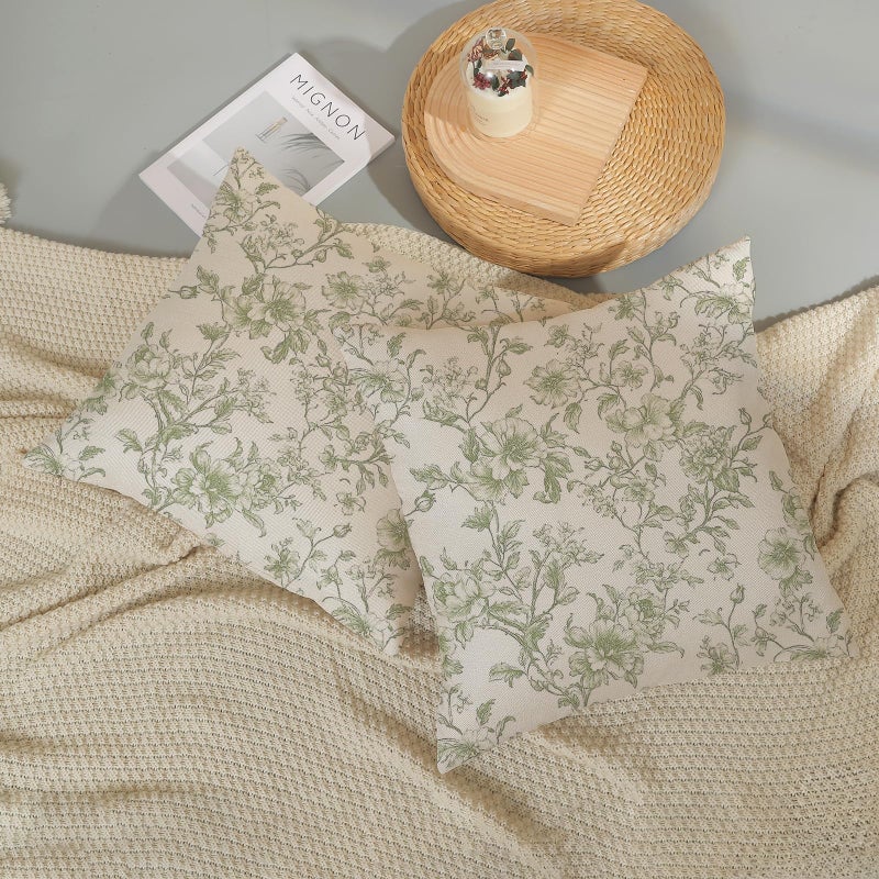 GOLIANDA Sage Green Pillow Covers 18x18 Set of 2 Light Green Floral Chinoiserie Throw Pillows Vintage Rustic Toile Flower Decorative Pillow Cases Outdoor Chinoiserie Decor Cushion Case for Couch Sofa - Image 5