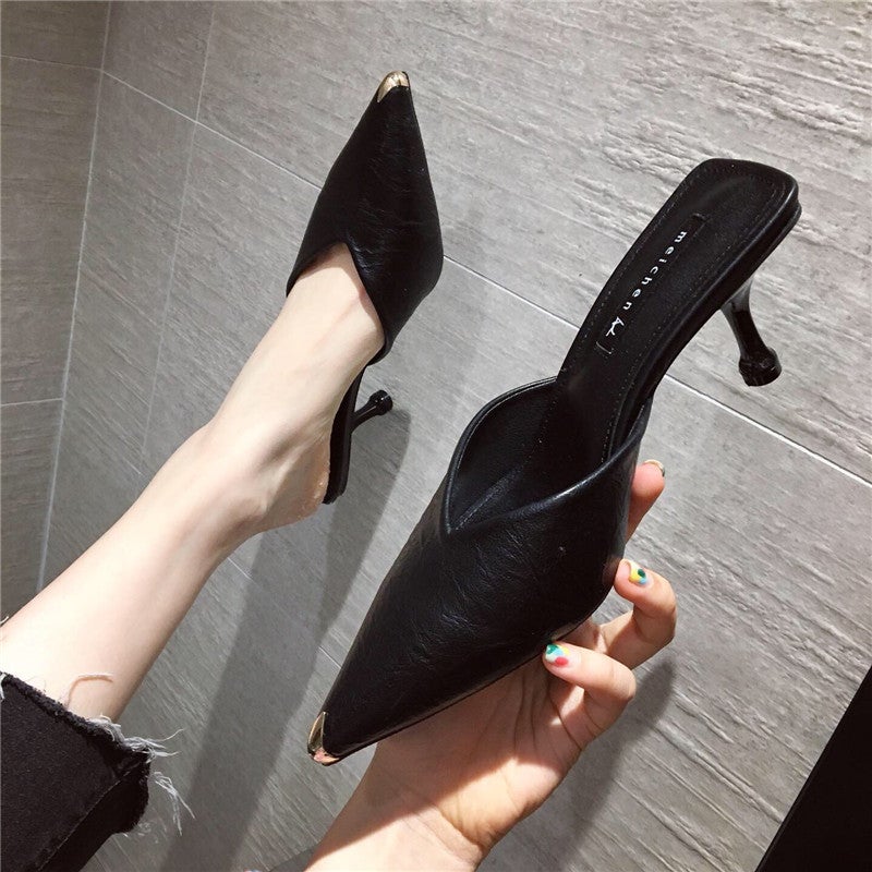 Chic Pointed Toe Mid-Heel Mules for Women 2023 Black (6cm fine heel) 