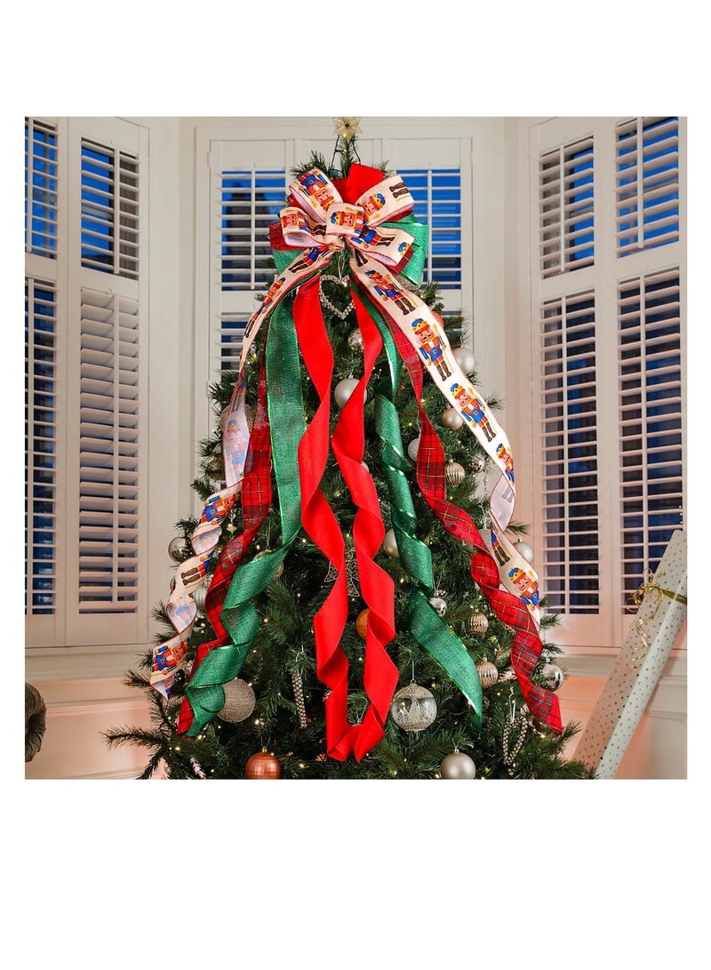 Christmas Tree Topper Bow，Large Red Wreaths Bows,Red Stripe Decorative Bow， Xmas Decorative Bows Ornaments，for Christmas Tree Home Decoration (Red)  - Image 1