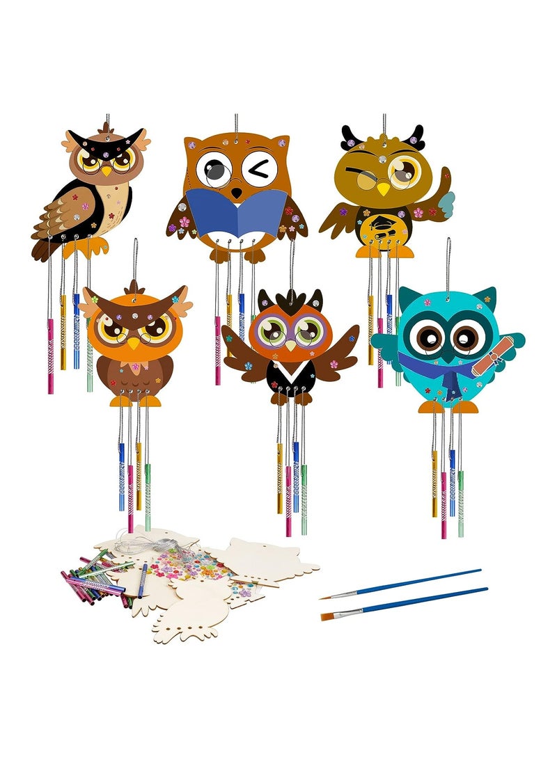 SOLARAE 6 Sets Owl Wooden Wind Chimes Kits Kids DIY Windchimes for Graduation Arts Crafts Garden Home Decoration Kids DIY Woodland Animal Windchimes Wildlife Kids to Paint and Hang - Image 1
