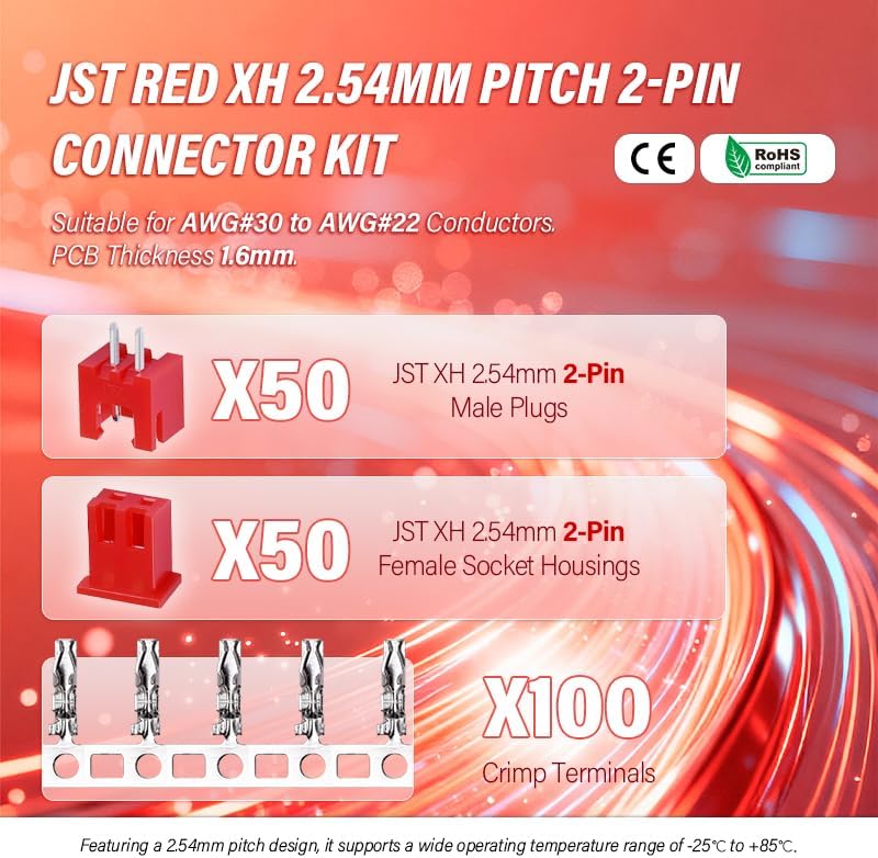 CQRobot JST Red XH 2.54mm Step 2-Pin Connector IC Plug Male Receptacle Female Housing and T Shape Crimp Terminal Suite. 50 Sets / 200 Pieces Cable to Board Cable Adapter Components. - Image 2