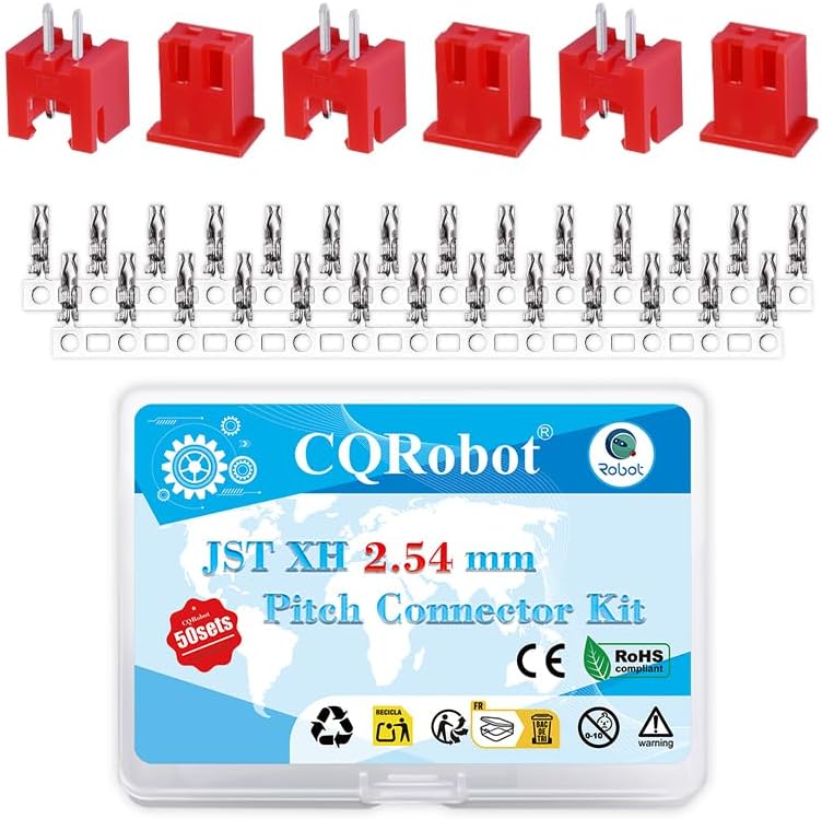CQRobot JST Red XH 2.54mm Step 2-Pin Connector IC Plug Male Receptacle Female Housing and T Shape Crimp Terminal Suite. 50 Sets / 200 Pieces Cable to Board Cable Adapter Components. - Image 1