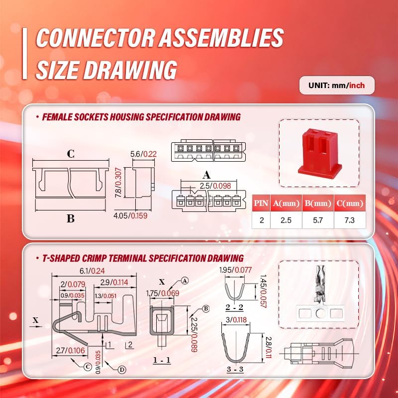 CQRobot JST Red XH 2.54mm Step 2-Pin Connector IC Plug Male Receptacle Female Housing and T Shape Crimp Terminal Suite. 50 Sets / 200 Pieces Cable to Board Cable Adapter Components. - Image 4