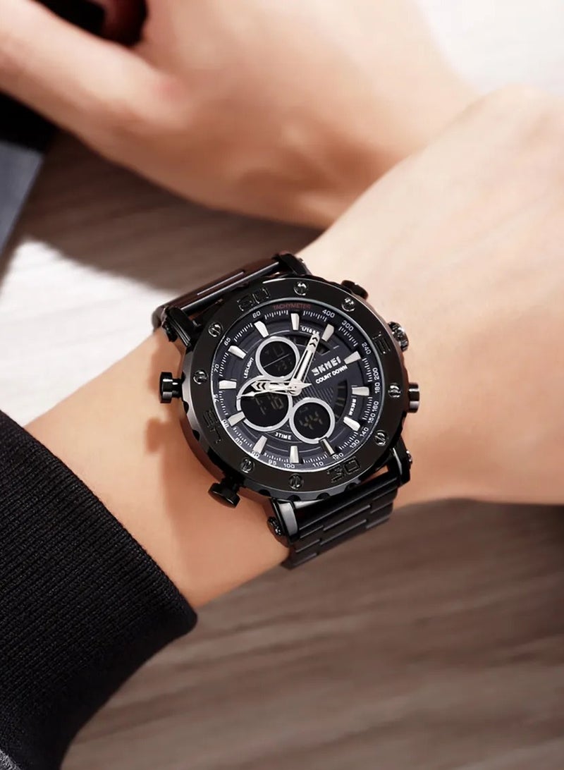 SKMEI 1636 Men Black Digital Analog Dial Black Stainless Steel Strap - Image 2