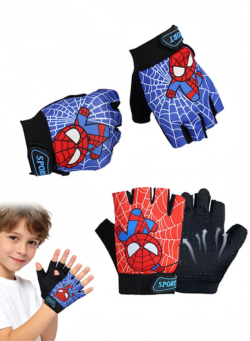 Polish'D 2Pairs Kids Fingerless Bike Gloves, Spider Superhero Sport Gloves for Children, Non-Slip Shock Absorbing Gloves for 5-9 Years Old Children Cycling Riding Outdoor Sports - Image 1