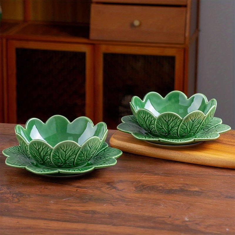 Relief Leaf Embossed Leaves 8.5 Inch Plate 6.5 Inch Bowl Set Soup Salad Dessert Baking Fruit Bowl Microwave Dishwasher Oven Refrigerator Safe Coffee Cup Milk Breakfast Cup - Image 4