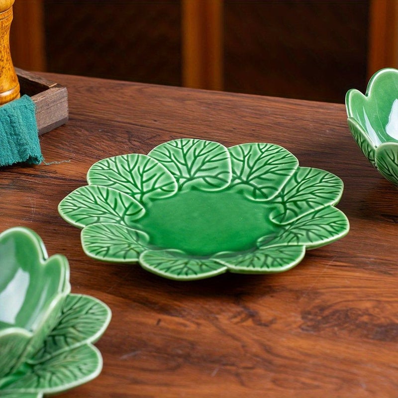 Relief Leaf Embossed Leaves 8.5 Inch Plate 6.5 Inch Bowl Set Soup Salad Dessert Baking Fruit Bowl Microwave Dishwasher Oven Refrigerator Safe Coffee Cup Milk Breakfast Cup - Image 5