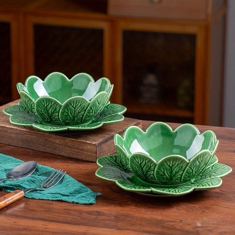Relief Leaf Embossed Leaves 8.5 Inch Plate 6.5 Inch Bowl Set Soup Salad Dessert Baking Fruit Bowl Microwave Dishwasher Oven Refrigerator Safe Coffee Cup Milk Breakfast Cup - Image 1