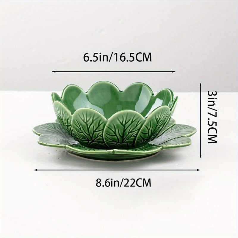 Relief Leaf Embossed Leaves 8.5 Inch Plate 6.5 Inch Bowl Set Soup Salad Dessert Baking Fruit Bowl Microwave Dishwasher Oven Refrigerator Safe Coffee Cup Milk Breakfast Cup - Image 3