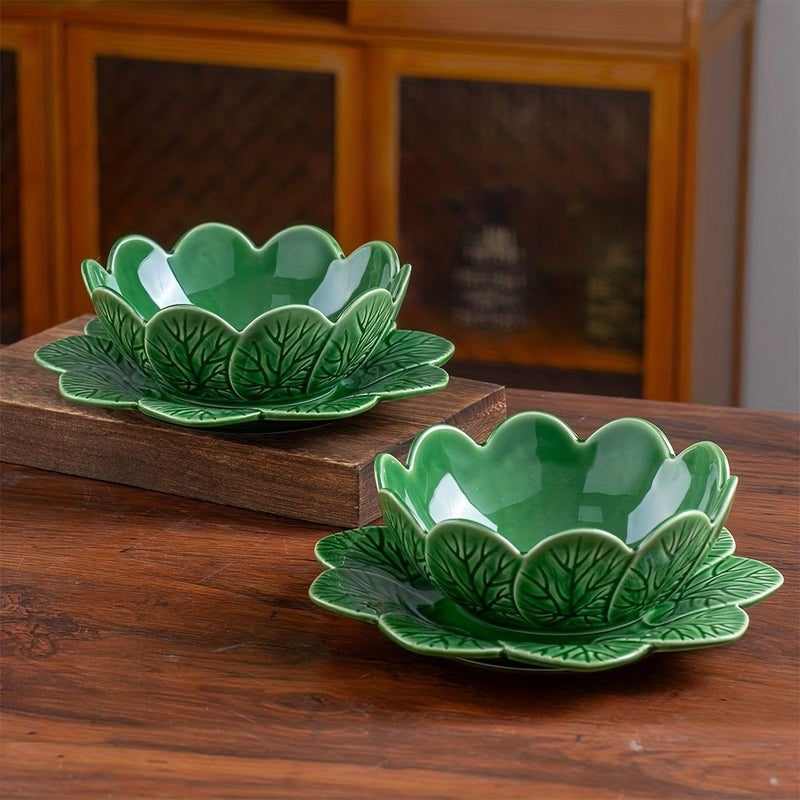 Relief Leaf Embossed Leaves 8.5 Inch Plate 6.5 Inch Bowl Set Soup Salad Dessert Baking Fruit Bowl Microwave Dishwasher Oven Refrigerator Safe Coffee Cup Milk Breakfast Cup - Image 2