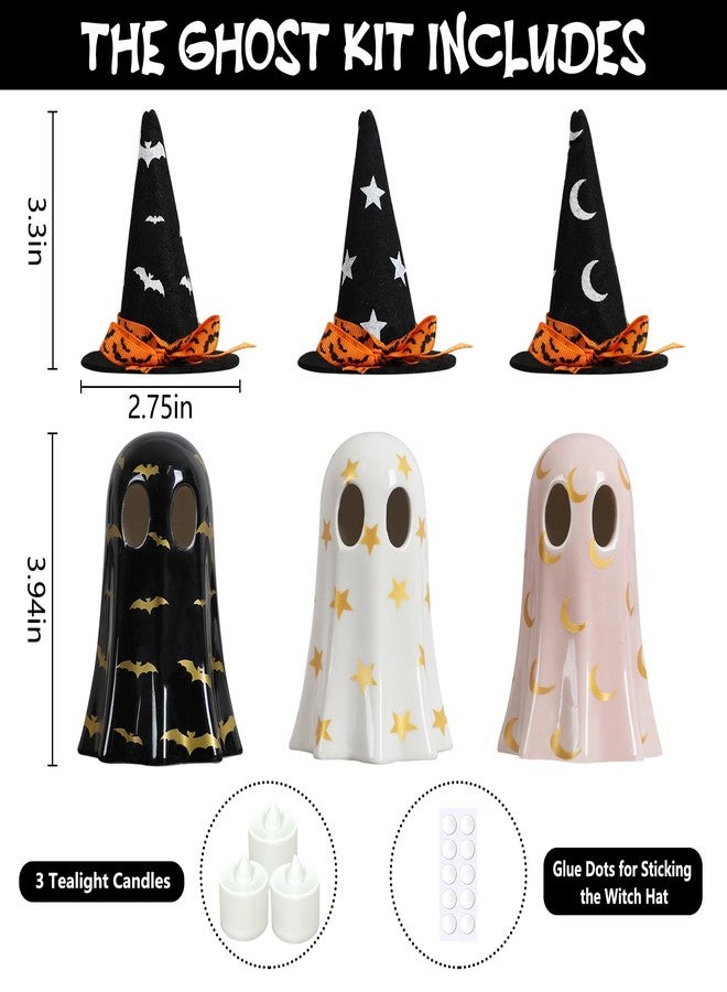 DAZONGE Halloween Decor Indoor, Set of 3 Ceramic Ghosts with Witch Hats, Cute Spooky Ghost Figurines for Mantel, Shelf & Tabletop Decor, Halloween Decorations - Image 4