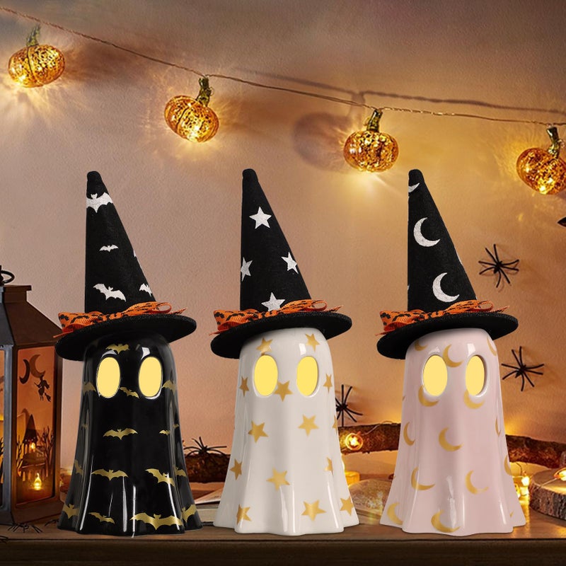 DAZONGE Halloween Decor Indoor, Set of 3 Ceramic Ghosts with Witch Hats, Cute Spooky Ghost Figurines for Mantel, Shelf & Tabletop Decor, Halloween Decorations - Image 1