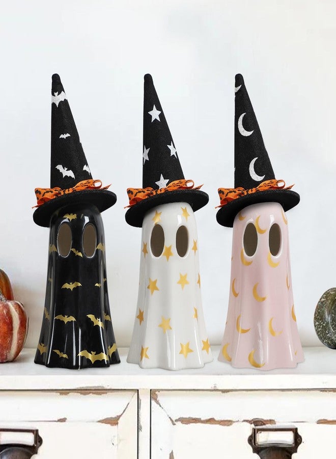 DAZONGE Halloween Decor Indoor, Set of 3 Ceramic Ghosts with Witch Hats, Cute Spooky Ghost Figurines for Mantel, Shelf & Tabletop Decor, Halloween Decorations - Image 2