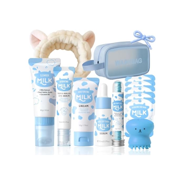 13PCS Milk Skincare Set for Kids - Kids Face Care Kit, Cute Skincare Set with Cleanser, Cream, Serum, Eye Cream, Masks, Brush, Headband & Bag, Birthday Gifts for Girls 8-12