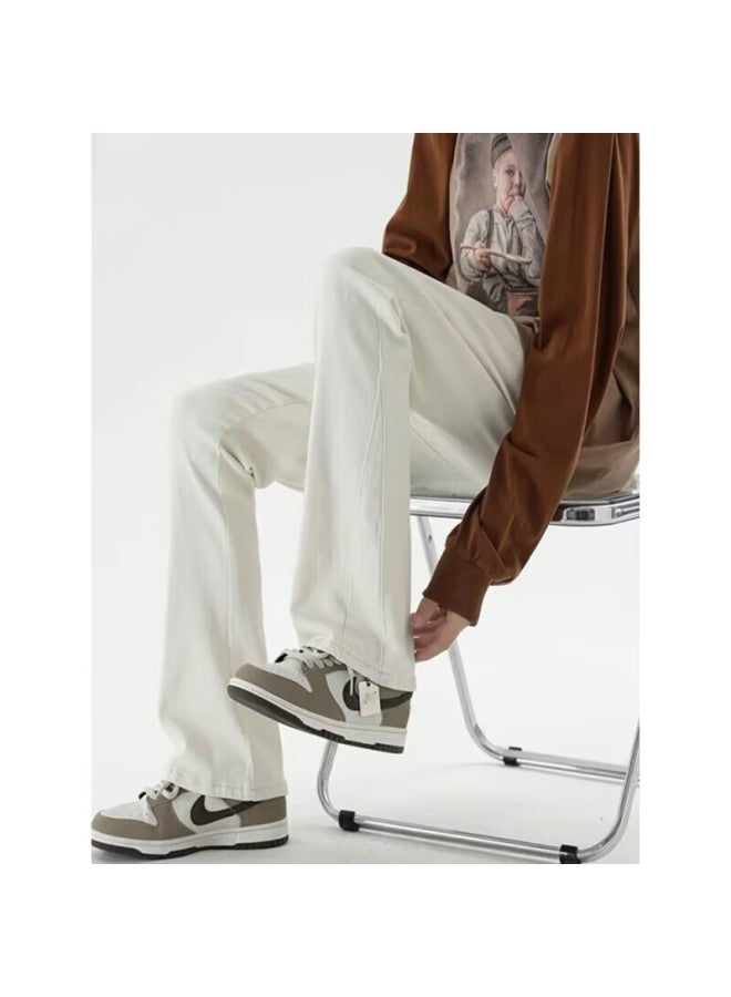 Maybeyond Men's Summer High Street Jeans Men's Slim Fit American Straight Pants Ma85 Beige 4XL - Image 3
