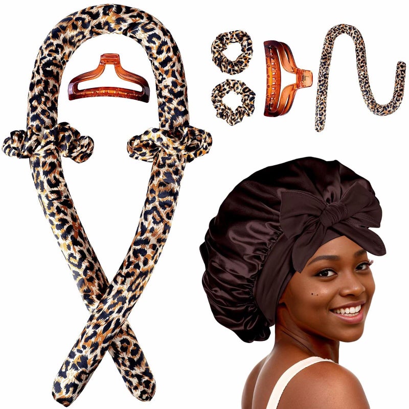 Seritant Heatless Hair Curler,Blowout Heatless Curls Overnight,No Heat Curling Rod Set with Satin Bonnet for Sleep in,Leopard - Image 1