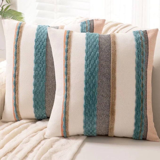 BOHO THROW PILLOW COVERS 18X18 SET OF 2 FARMHOUSE DECORATIVE CUSHION CASE STRIPED SQUARE PILLOWS COVER CHENILLE PILLOW CASES ACCENT NEUTRAL PILLOWCASE FOR SOFA COUCH BEDBLUE