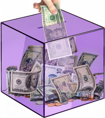 Vcertcpl Piggy Bank for Adults Must Break to Open Vcertcpl Acrylic Clear Piggy Bank Money Saving Box for Cash Saving Unopenable Adults Bank for Real Money Bank Coin Bank Change Jar Purple 12x12CM - Image 1
