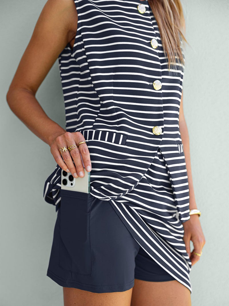 Simplee Women's Summer 2 Piece Outfits Striped Sleeveless Two Piece Sets Button Down Vacation vest tops Skirt with Pockets(Striped Navy L) - Image 5