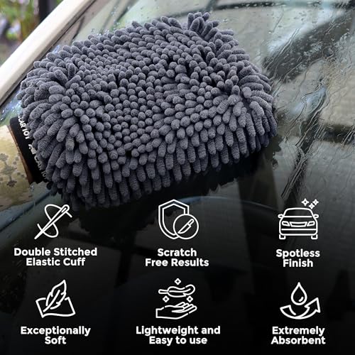 CAR101 Chenille Microfiber Wash Mitt 1800 GSM | Double-Sided Grey Ultra Soft Cleaning Glove | Scratch-Free & Highly Absorbent Mitt | Premium Detailing Mitt for Ultimate Shine | for Car & Bike Wash - Image 5