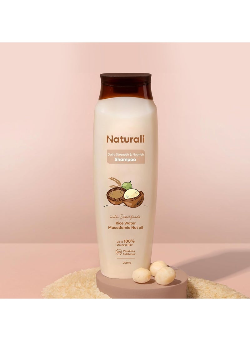 طبيعي شامبو يومي القوة والغذاء مع ماء الأرز وزيت المكداميا للجوز | يجعل الشعر أقوى | شامبو بارابين وكبريتات خالٍ | الشعر المجعد الجاف | 200 مل - Image 2