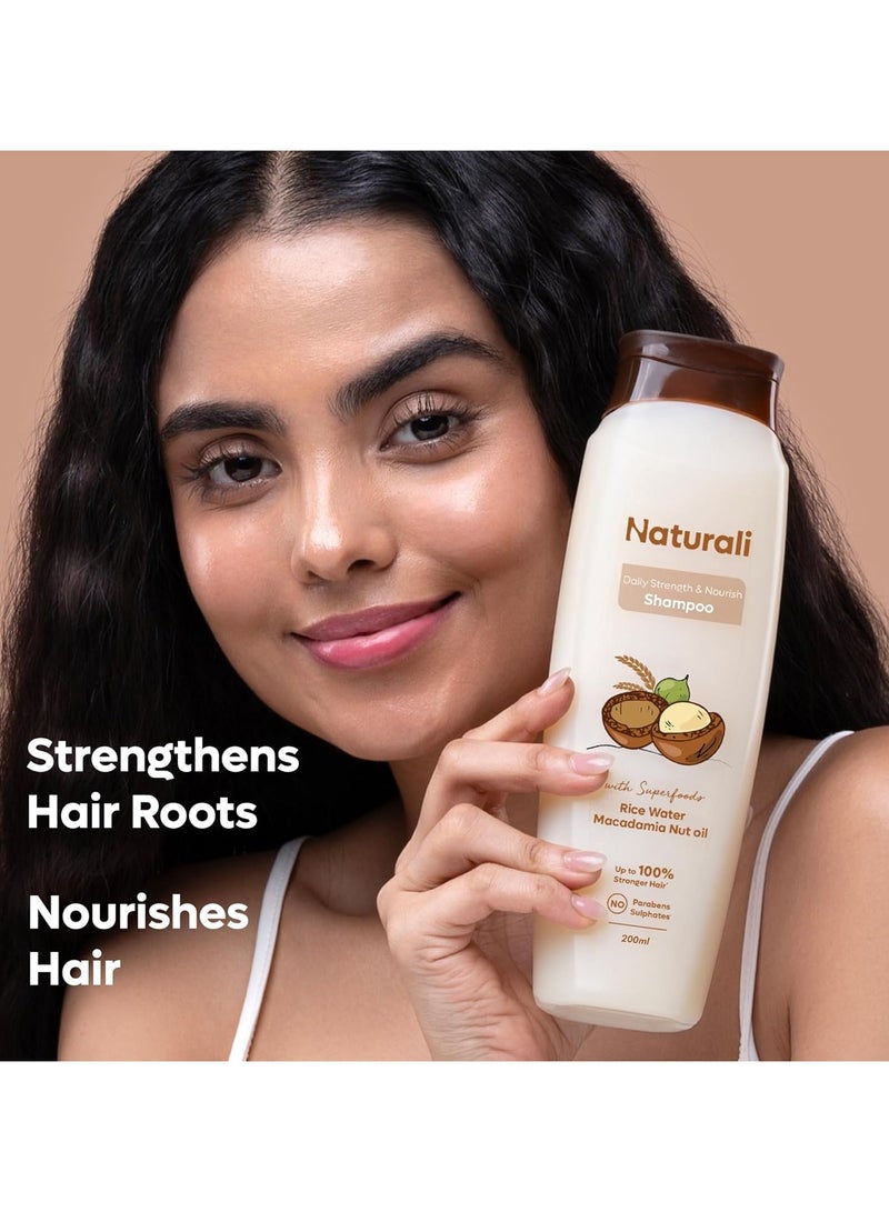 طبيعي شامبو يومي القوة والغذاء مع ماء الأرز وزيت المكداميا للجوز | يجعل الشعر أقوى | شامبو بارابين وكبريتات خالٍ | الشعر المجعد الجاف | 200 مل - Image 3