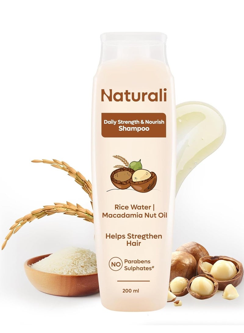 طبيعي شامبو يومي القوة والغذاء مع ماء الأرز وزيت المكداميا للجوز | يجعل الشعر أقوى | شامبو بارابين وكبريتات خالٍ | الشعر المجعد الجاف | 200 مل - Image 1