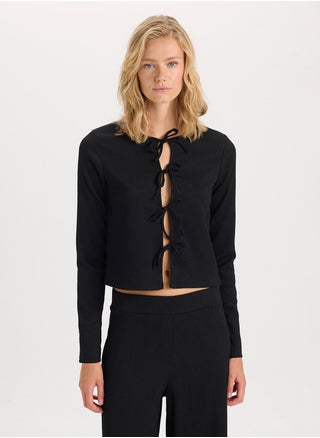 Black Regular Fit Crew Neck Basic Ruched Detail Long Sleeve Cardigan - pzsku/Z75E0CA318D3570A36D73Z/45/_/1729507924/4c9050bf-5d2a-494c-ae88-cf79c7e7cda2