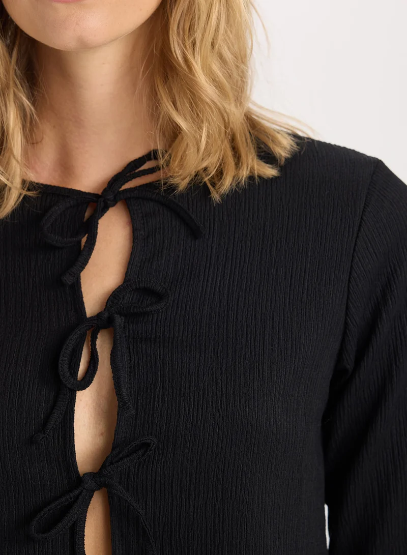 DeFacto Black Regular Fit Crew Neck Basic Ruched Detail Long Sleeve Cardigan
