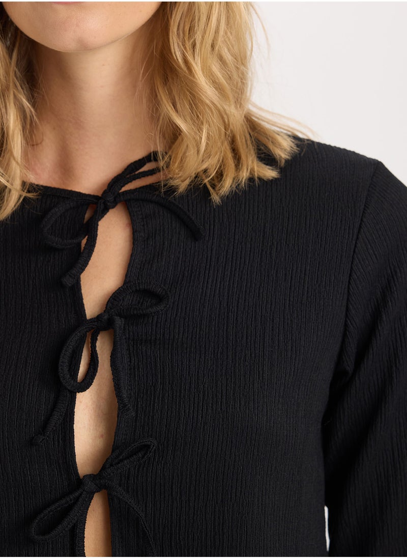 DeFacto - Black Regular Fit Crew Neck Basic Ruched Detail Long Sleeve Cardigan - Image 1