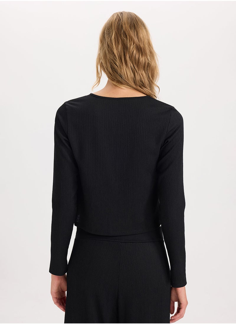 DeFacto - Black Regular Fit Crew Neck Basic Ruched Detail Long Sleeve Cardigan - Image 1