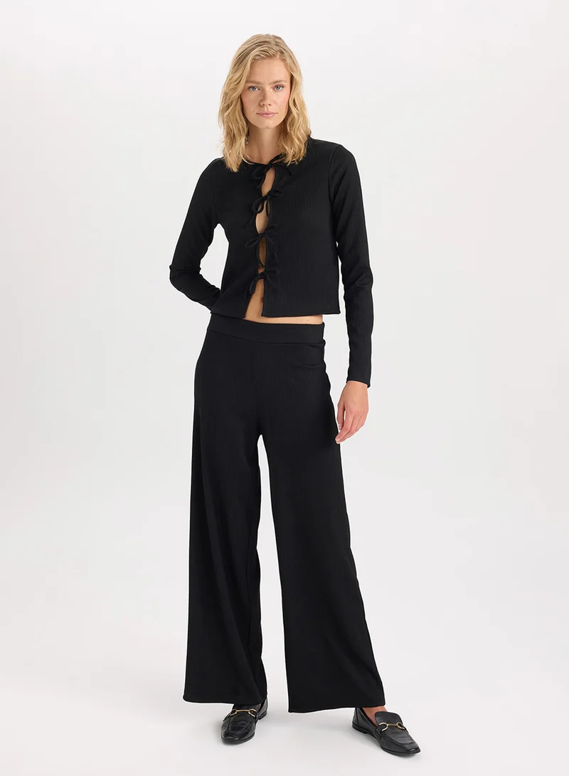 DeFacto Black Regular Fit Crew Neck Basic Ruched Detail Long Sleeve Cardigan