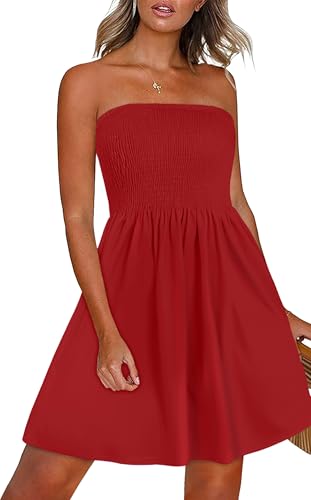 CHICGAL Womens Summer Sun Dress Casual Beach Strapless Cover ups Wedding Guest Dresses Tube Sundress (Red,S) - Image 4
