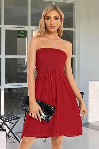 CHICGAL Womens Summer Sun Dress Casual Beach Strapless Cover ups Wedding Guest Dresses Tube Sundress (Red,S) - Image 2