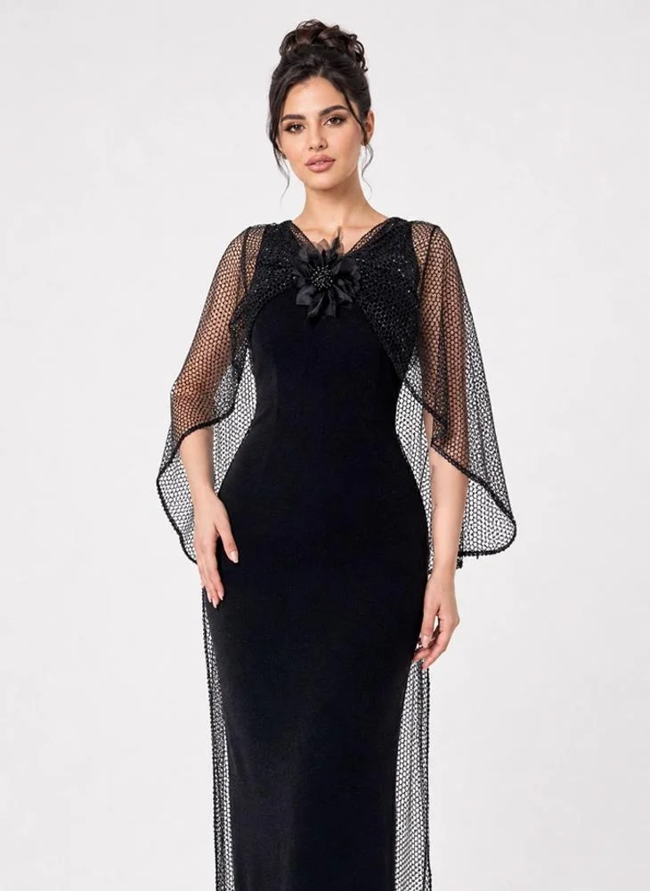 Opera Fashion Black Shiny Stretch Evening Dress with Sheer Shawl