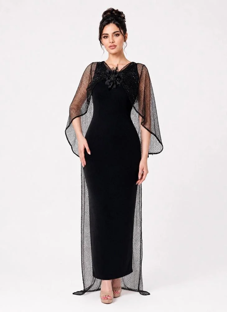 Opera Fashion Black Shiny Stretch Evening Dress with Sheer Shawl
