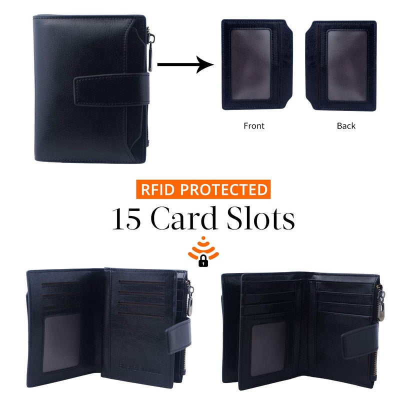 Bveyzi Women's Small Leather RFID Blocking Bifold Zipper Pocket Wallet Ladies Credit Card Slots Purse with id Window(Black) - Image 3