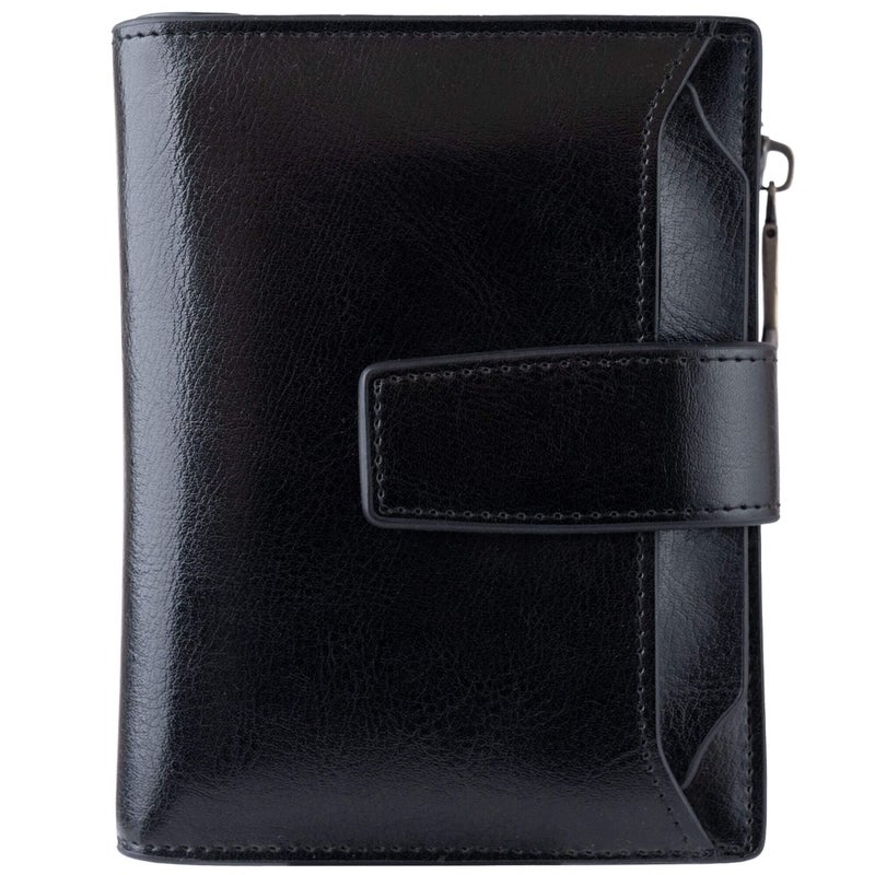 Bveyzi Women's Small Leather RFID Blocking Bifold Zipper Pocket Wallet Ladies Credit Card Slots Purse with id Window(Black) - Image 1